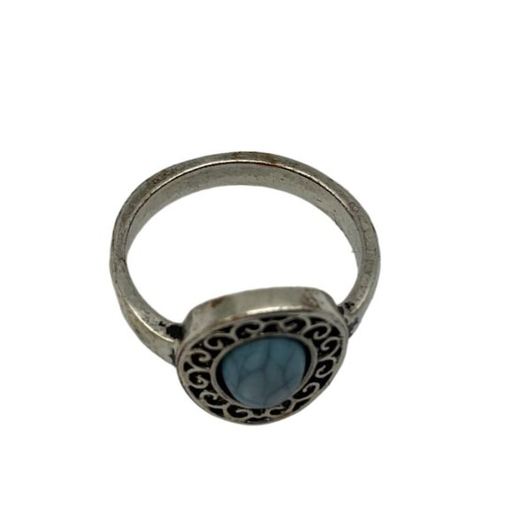 Silver Tone Oval Blue Veined Stone Solitaire Filigree Frame Ring 6.5 - Picture 6 of 6